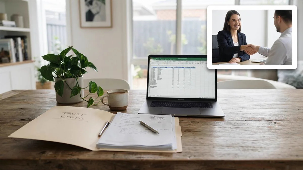 A folder of unit trust documents open beside a laptop showing a property spreadsheet